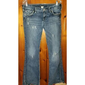 Silver Jeans Francis Flare W29 L33 embroidery cotton blend distressed womens
